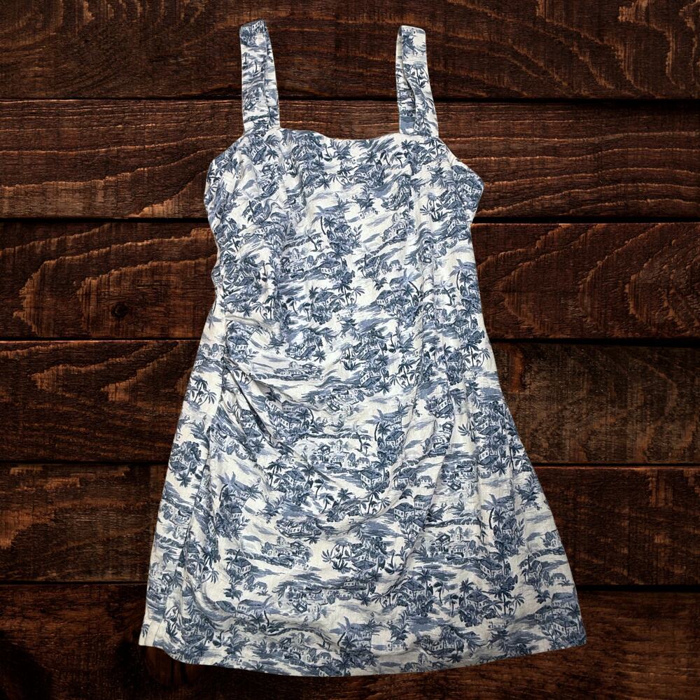 Abercrombie & Fitch Linen Blend Ruched Squareneck Mini Dress Blue White Toile LP - Picture 2 of 8